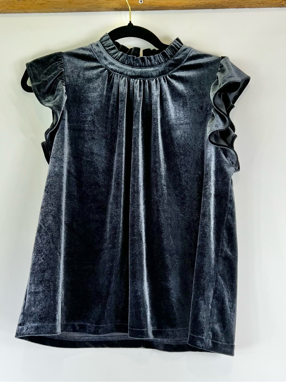 Allison Joy Velour Ruffle Neck Top - Navy XS Dark Romantic Coquette Party Luxe